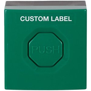 STI-SS3-3G14-CL StopperSwitch Indoor Push Button, Dual Mount, Momentary, Key to Reset, Custom Label, Green